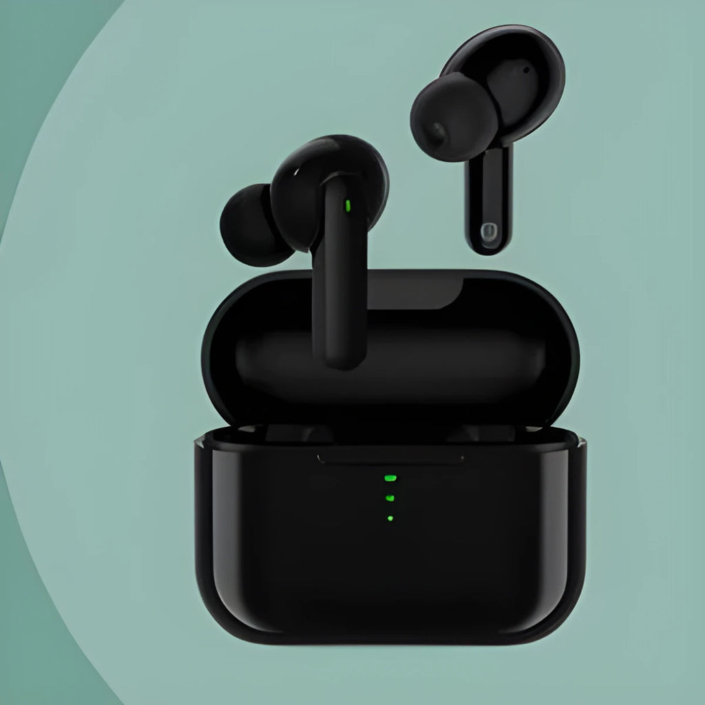 QCY T13 black and white wireless Bluetooth in-ear headphones with magnetic charging case.