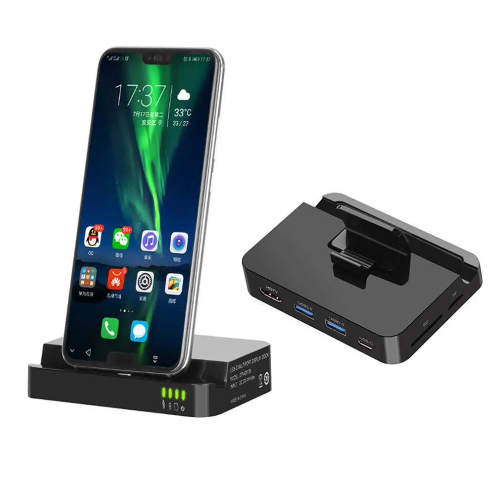 Black base mobile phone dock converter with USB-C and HDMI ports for HD screen connection.