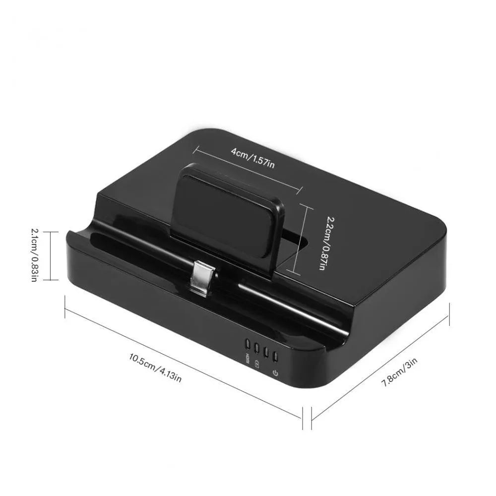 Black base mobile phone dock converter with USB-C and HDMI ports for HD screen connection.