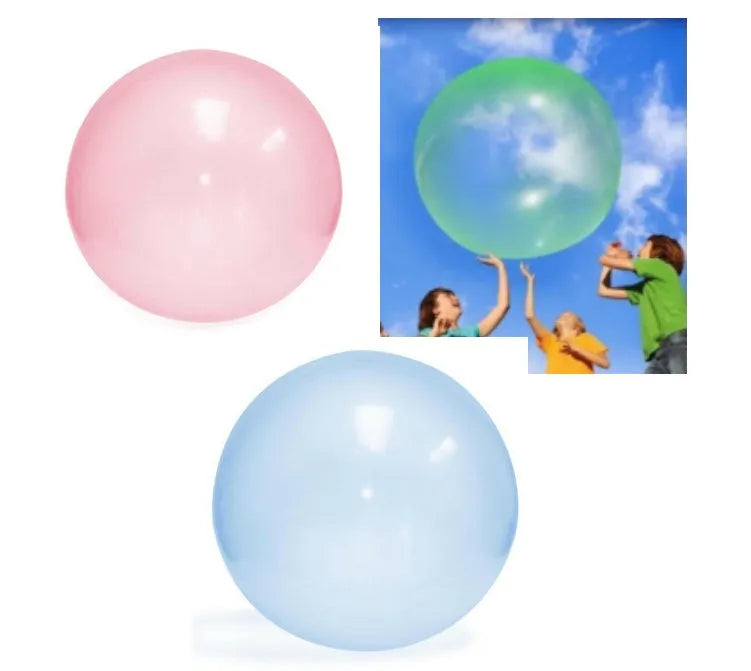 TPR inflatable ball toy in pink, yellow, green, and blue colours showing 40cm to 120cm size range