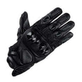 Black leather motorcycle racing glove with stitched palm and knuckle protection