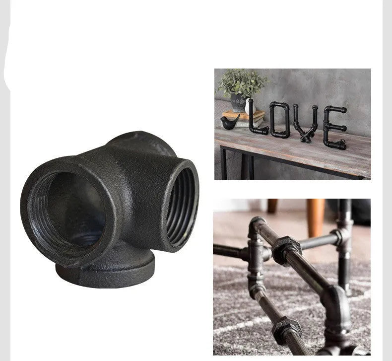 Galvanised steel four-way pipe fittings in three diameter sizes with malleable iron construction