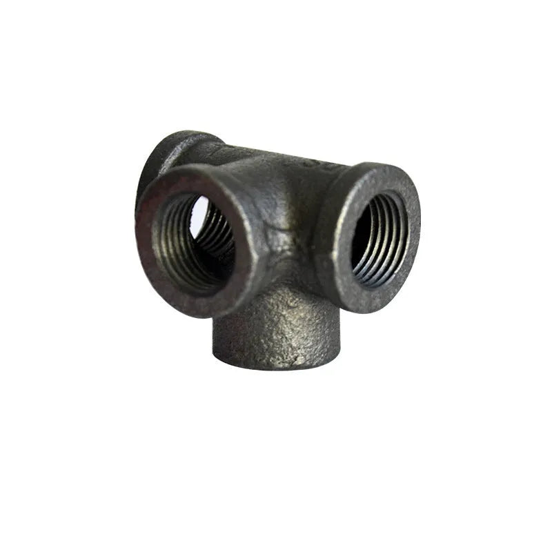 Galvanised steel four-way pipe fittings in three diameter sizes with malleable iron construction