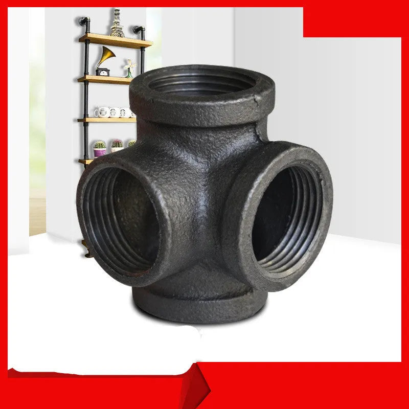 Galvanised steel four-way pipe fittings in three diameter sizes with malleable iron construction