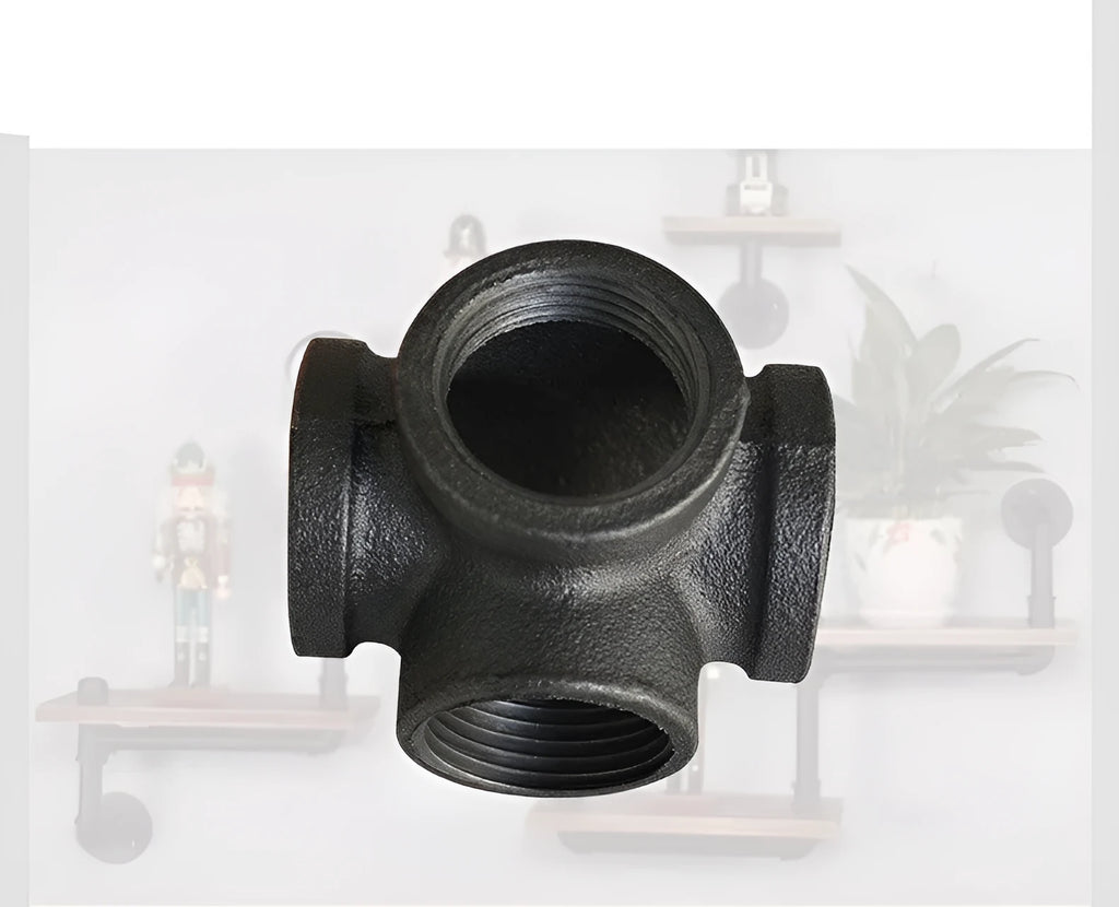 Galvanised steel four-way pipe fittings in three diameter sizes with malleable iron construction
