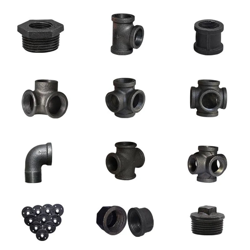 Galvanised steel four-way pipe fittings in three diameter sizes with malleable iron construction