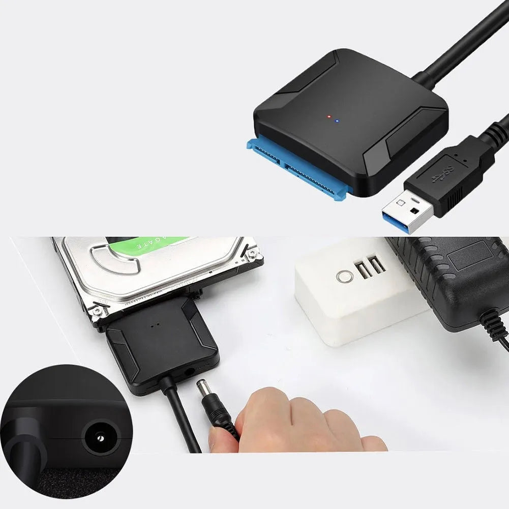 Black USB 3.0 to SATA adapter cable for connecting 2.5-inch hard drives to computers