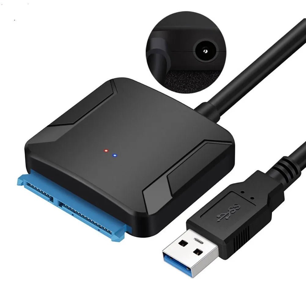 Black USB 3.0 to SATA adapter cable for connecting 2.5-inch hard drives to computers