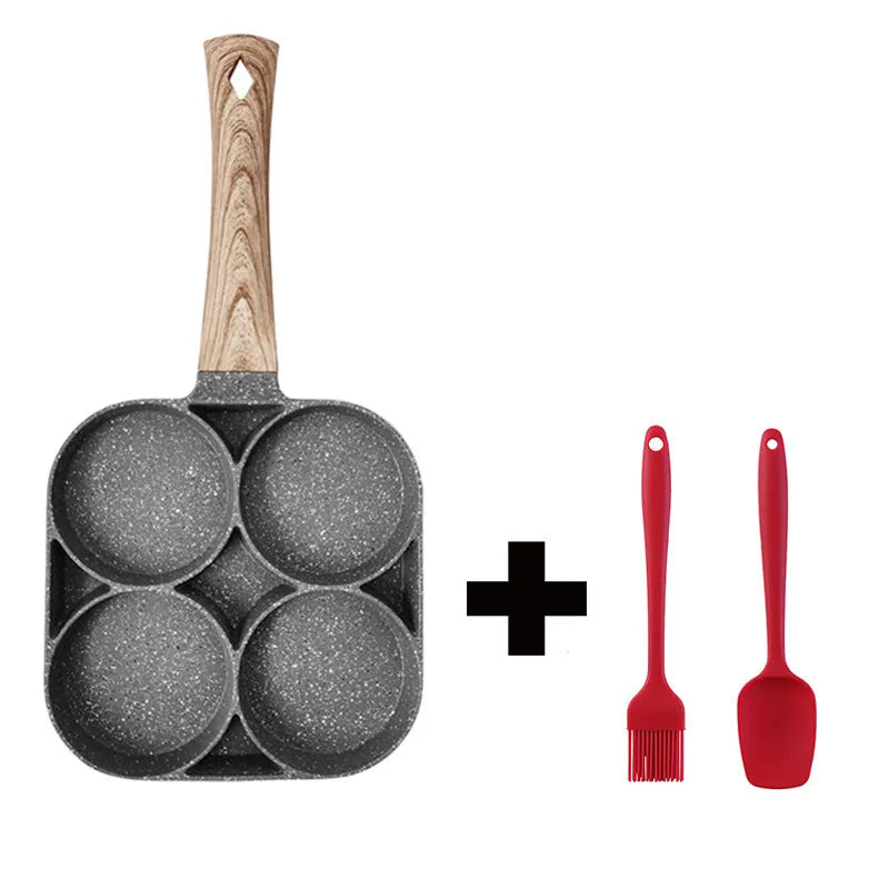 Four-hole aluminium non-stick frying pan with Bakelite handle and cooking accessories