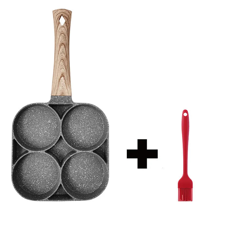 Four-hole aluminium non-stick frying pan with Bakelite handle and cooking accessories