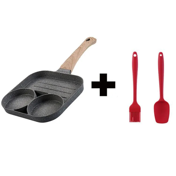 Four-hole aluminium non-stick frying pan with Bakelite handle and cooking accessories