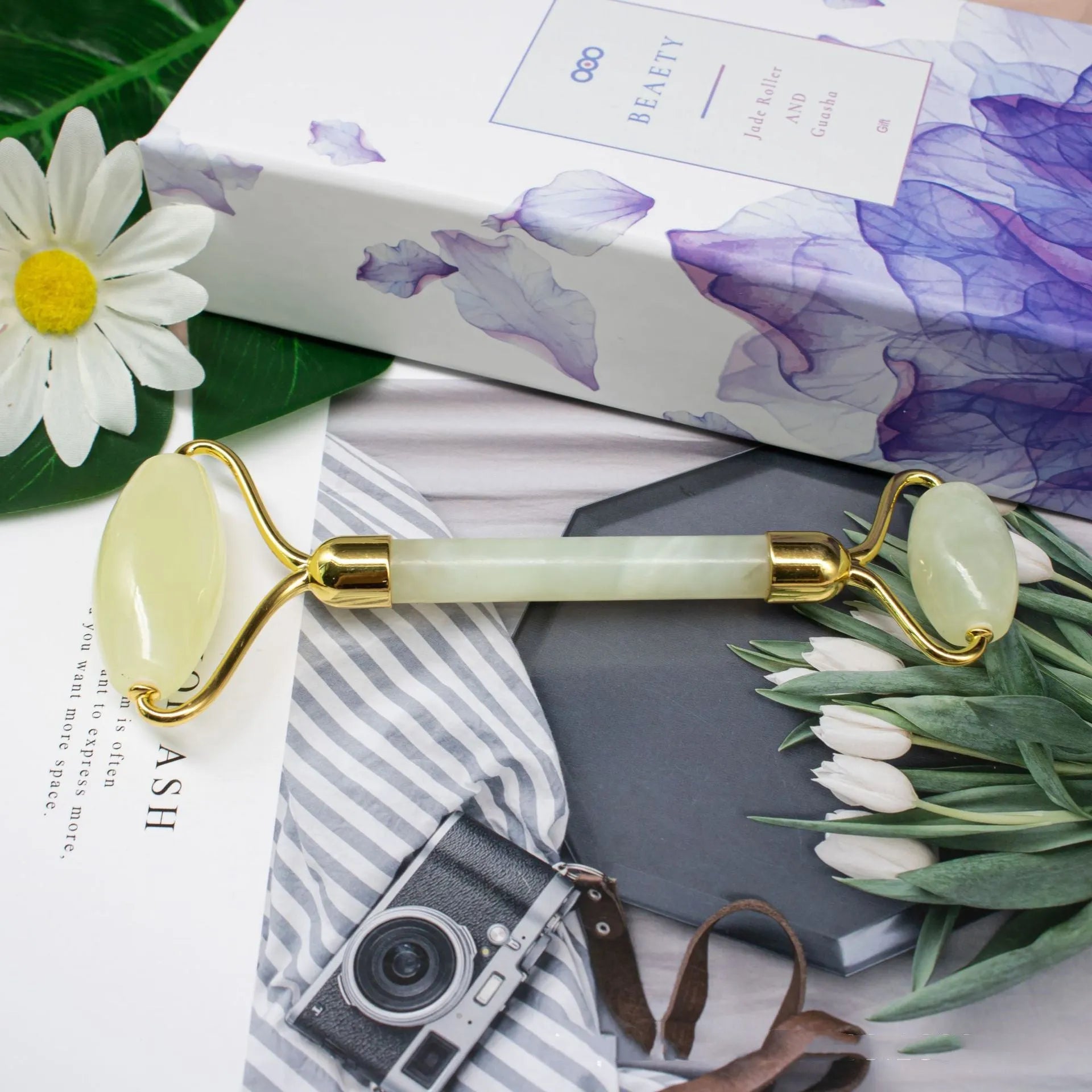 Natural green Jiayu stone double-head jade roller massager with geometric shape