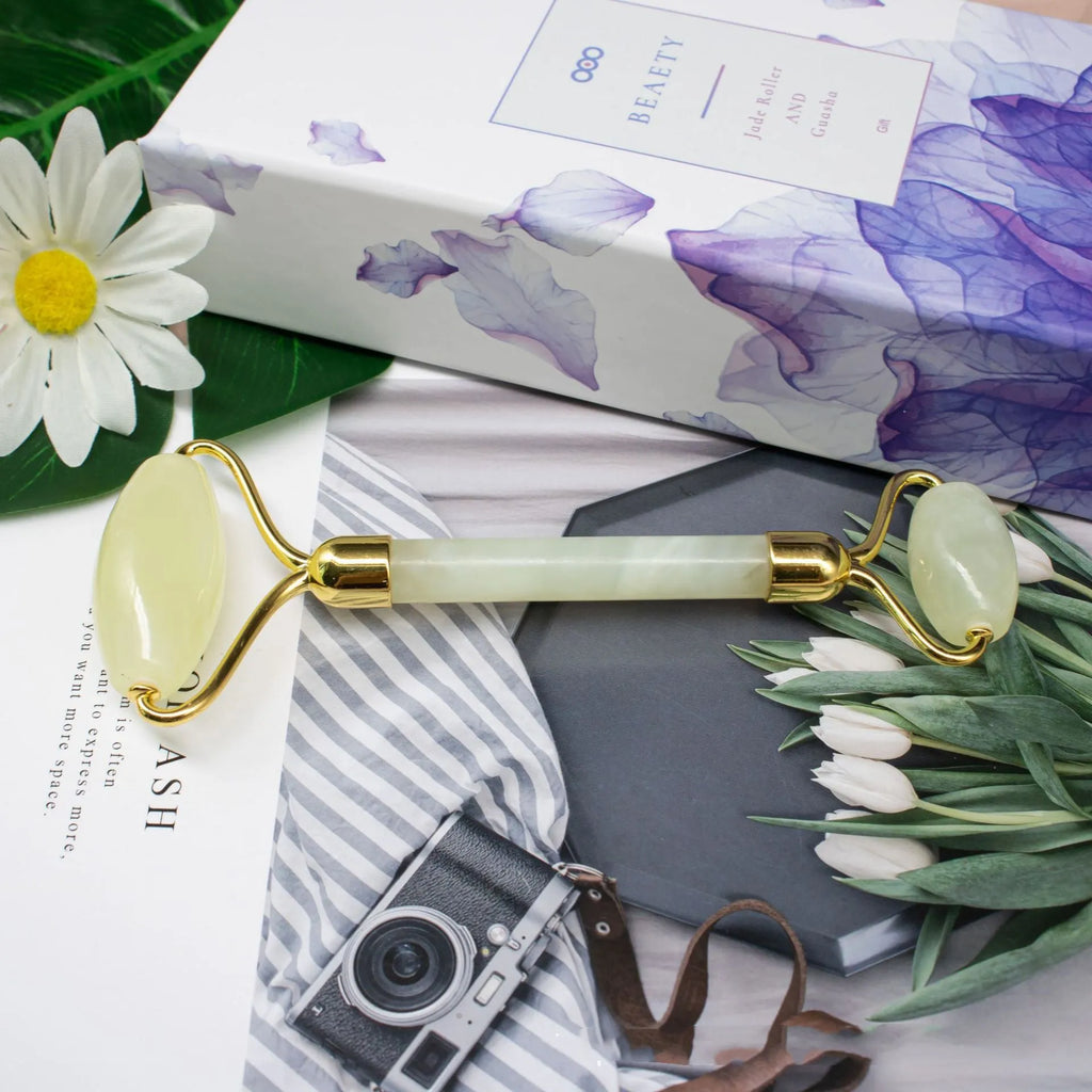 Natural green Jiayu stone double-head jade roller massager with geometric shape