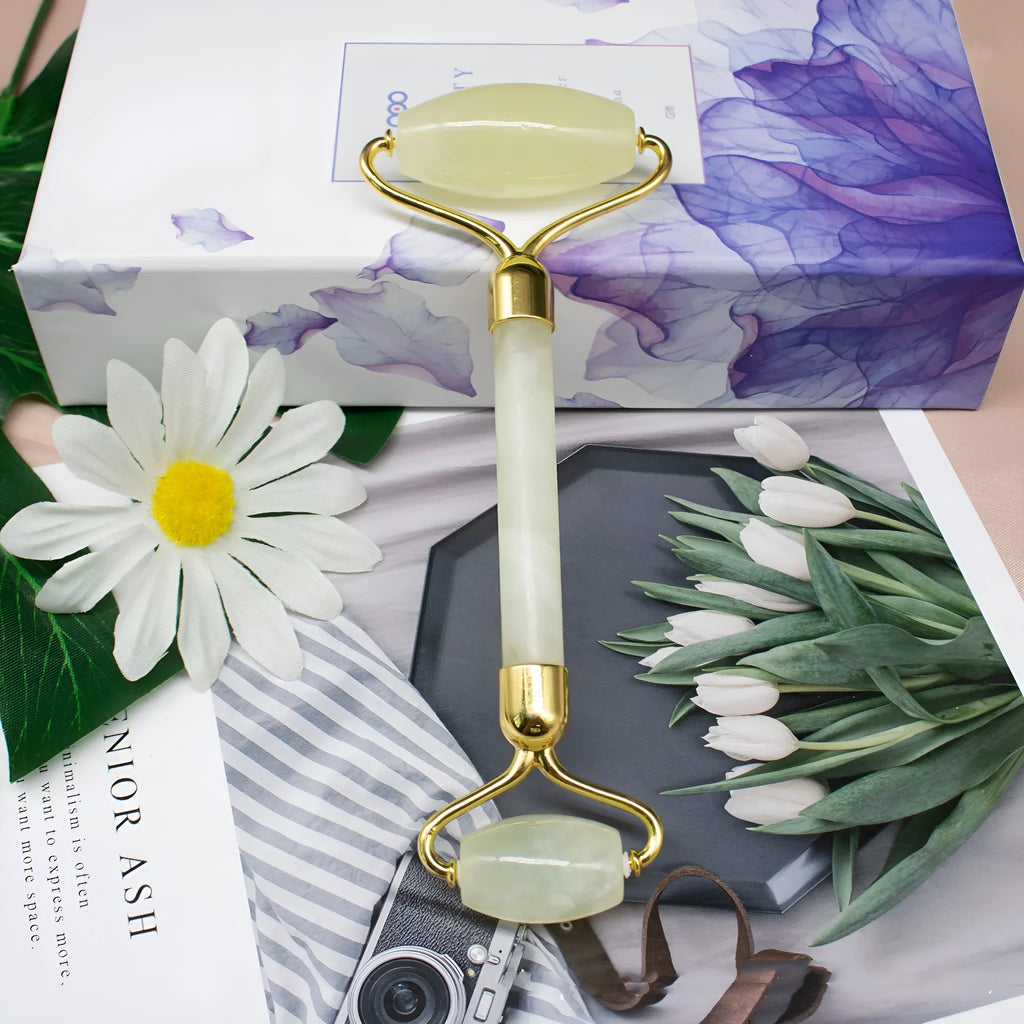 Natural green Jiayu stone double-head jade roller massager with geometric shape