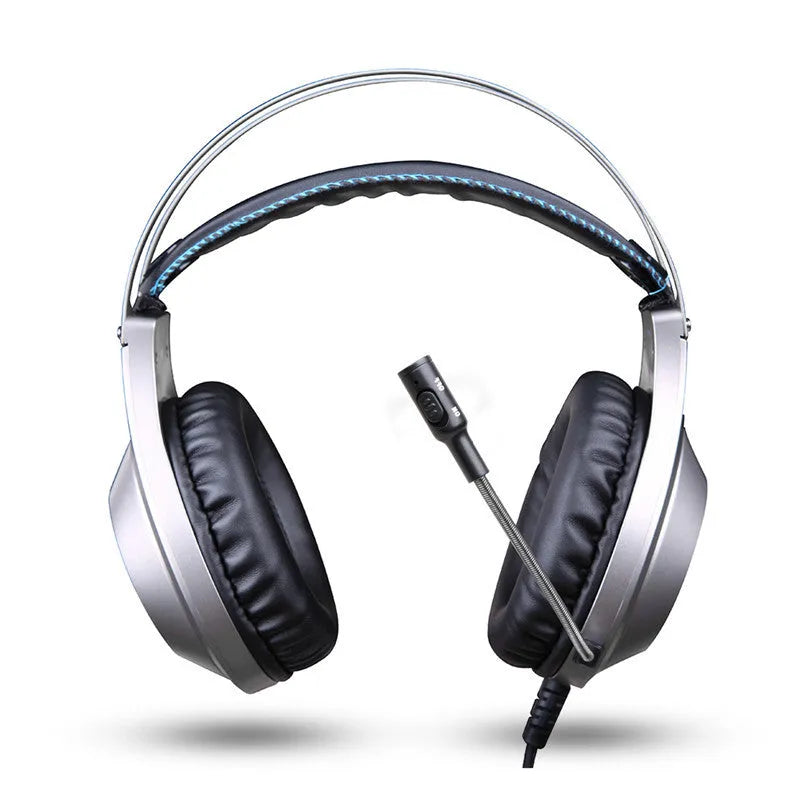 Black wired USB over-ear computer headset with microphone on a desktop.