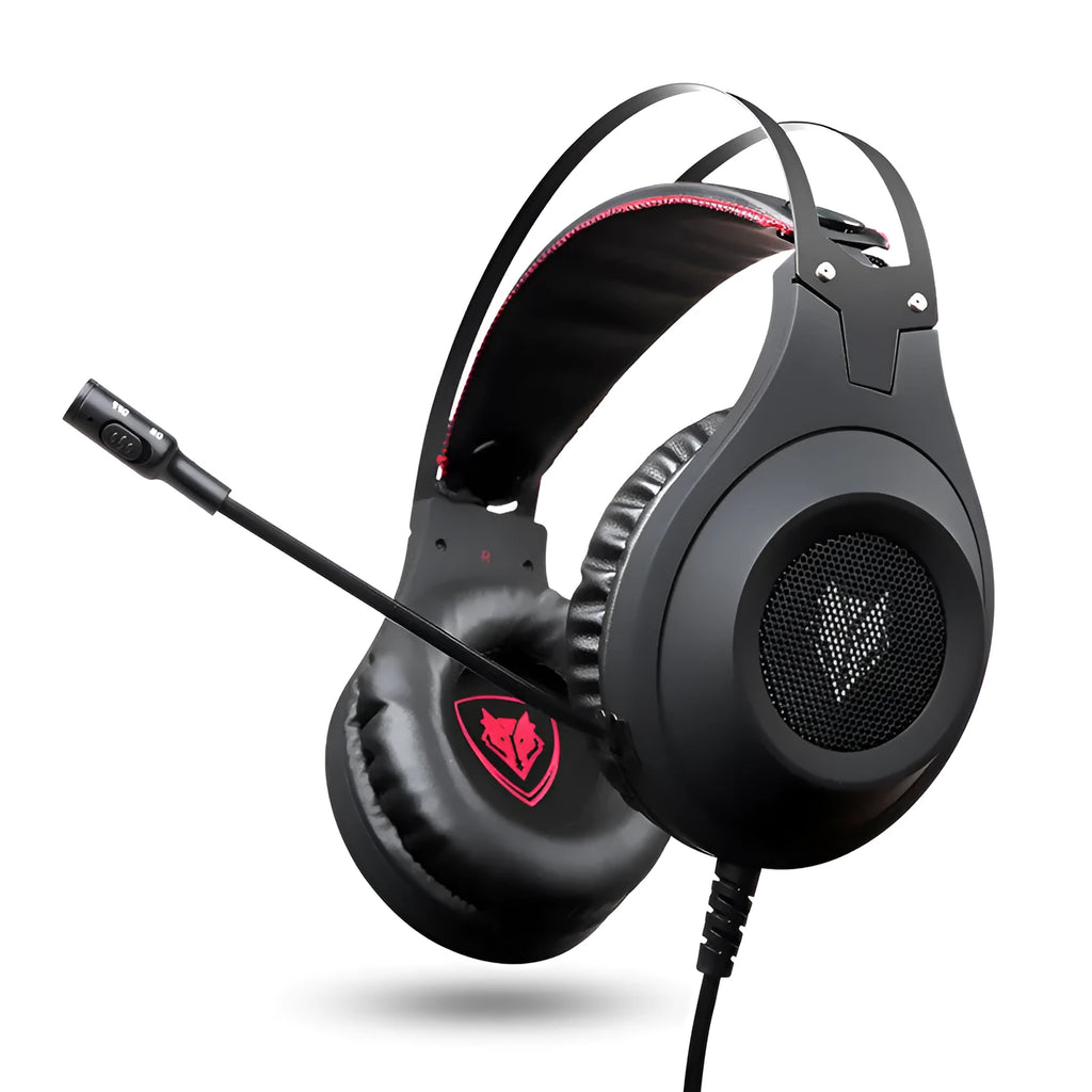 Black wired USB over-ear computer headset with microphone on a desktop.