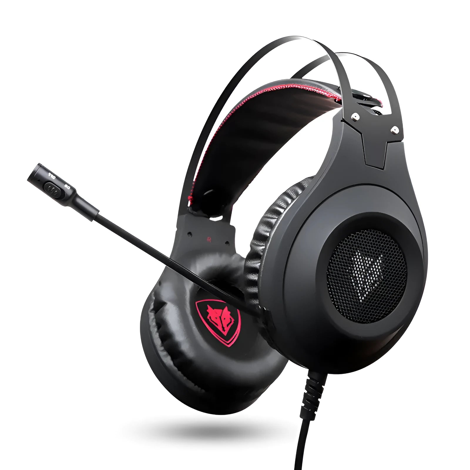 Black wired USB over-ear computer headset with microphone on a desktop.
