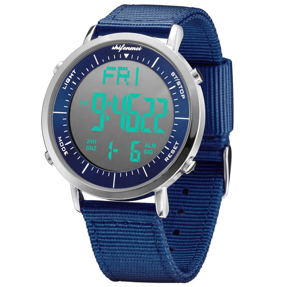 Shifenmei digital sports watch with black display showing time, waterproof to 10 metres