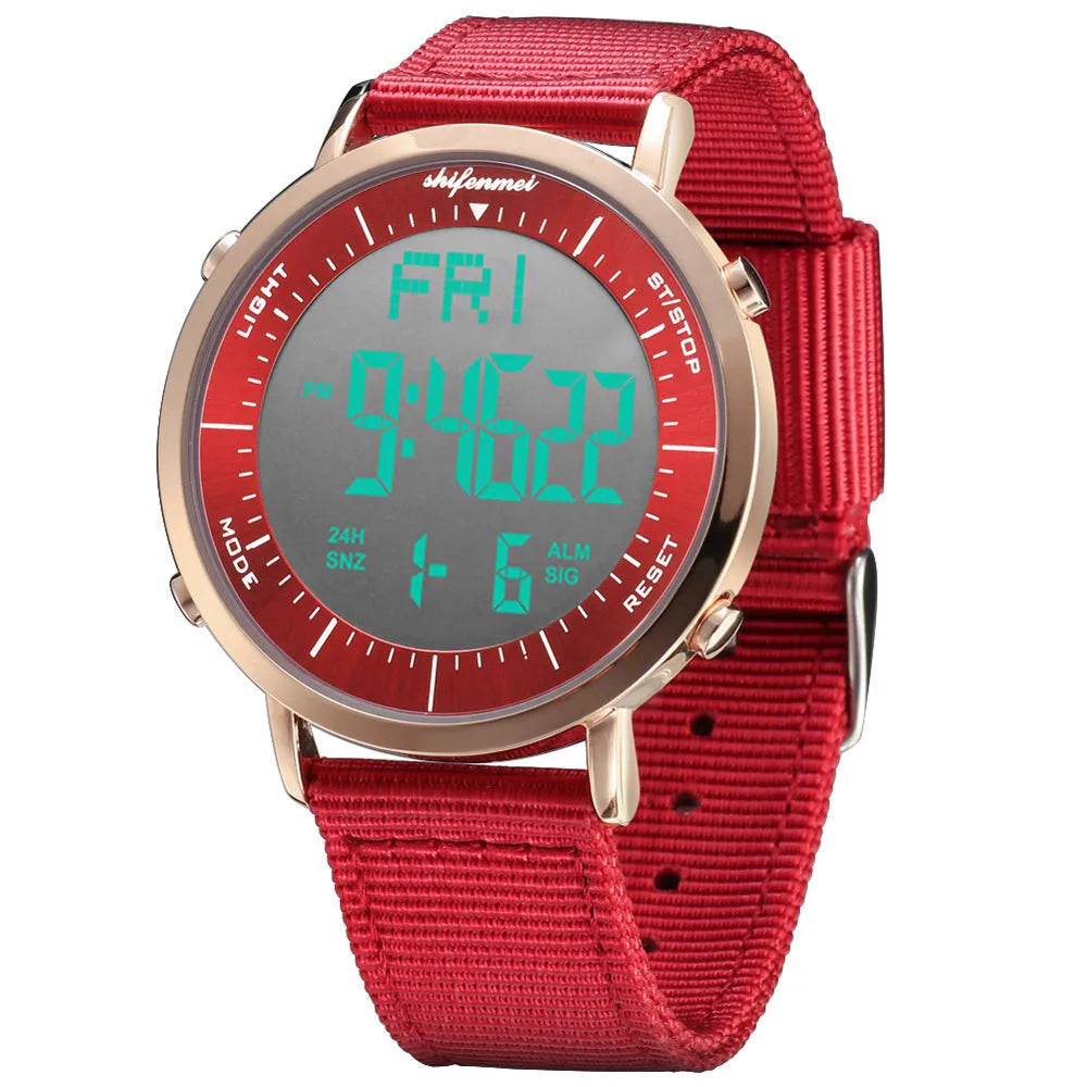 Shifenmei digital sports watch with black display showing time, waterproof to 10 metres