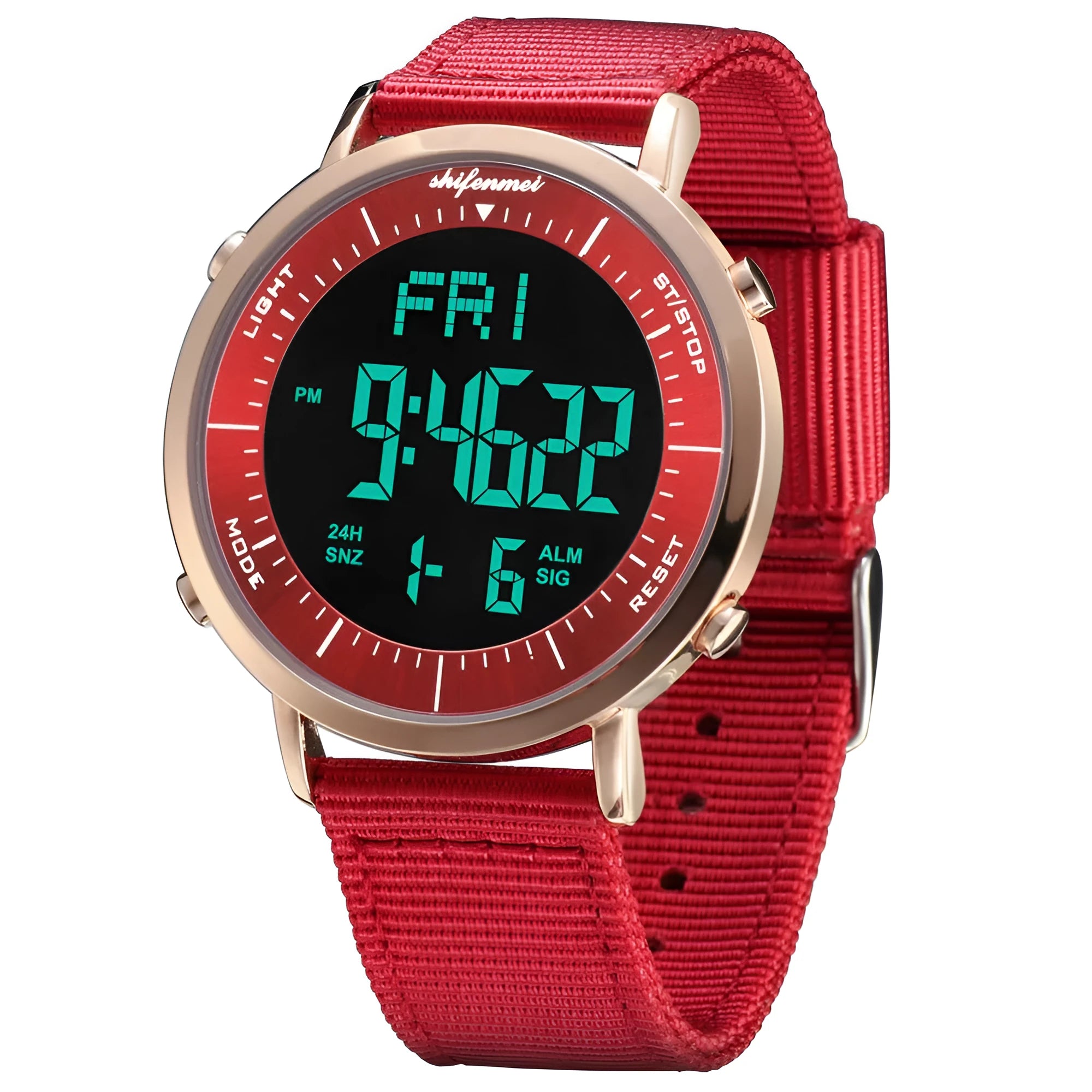 Shifenmei digital sports watch with black display showing time, waterproof to 10 metres