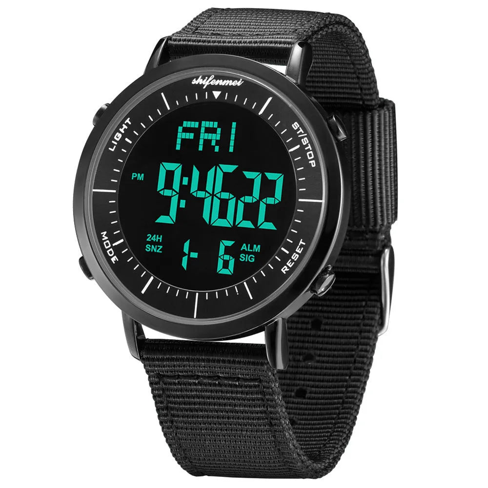 Shifenmei digital sports watch with black display showing time, waterproof to 10 metres