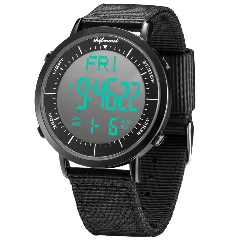 Shifenmei digital sports watch with black display showing time, waterproof to 10 metres