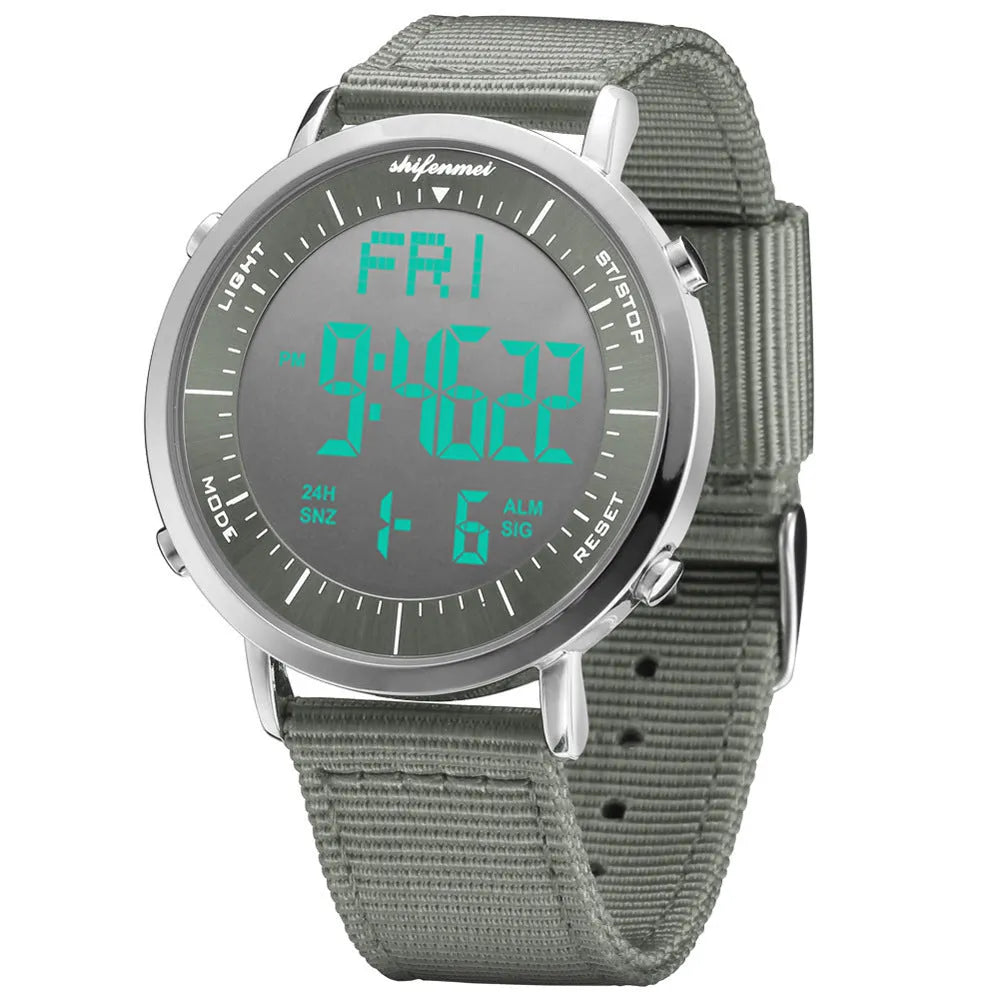 Shifenmei digital sports watch with black display showing time, waterproof to 10 metres