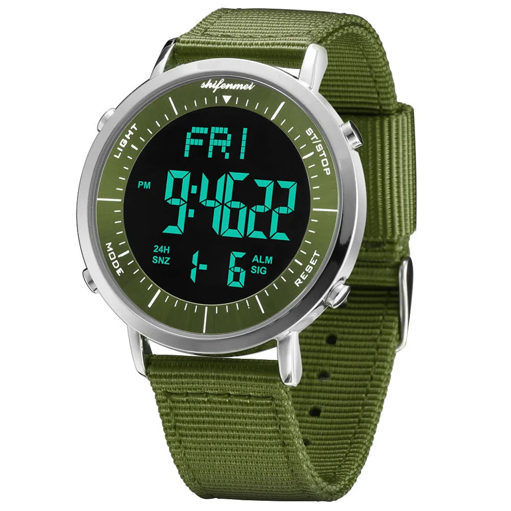 Shifenmei digital sports watch with black display showing time, waterproof to 10 metres
