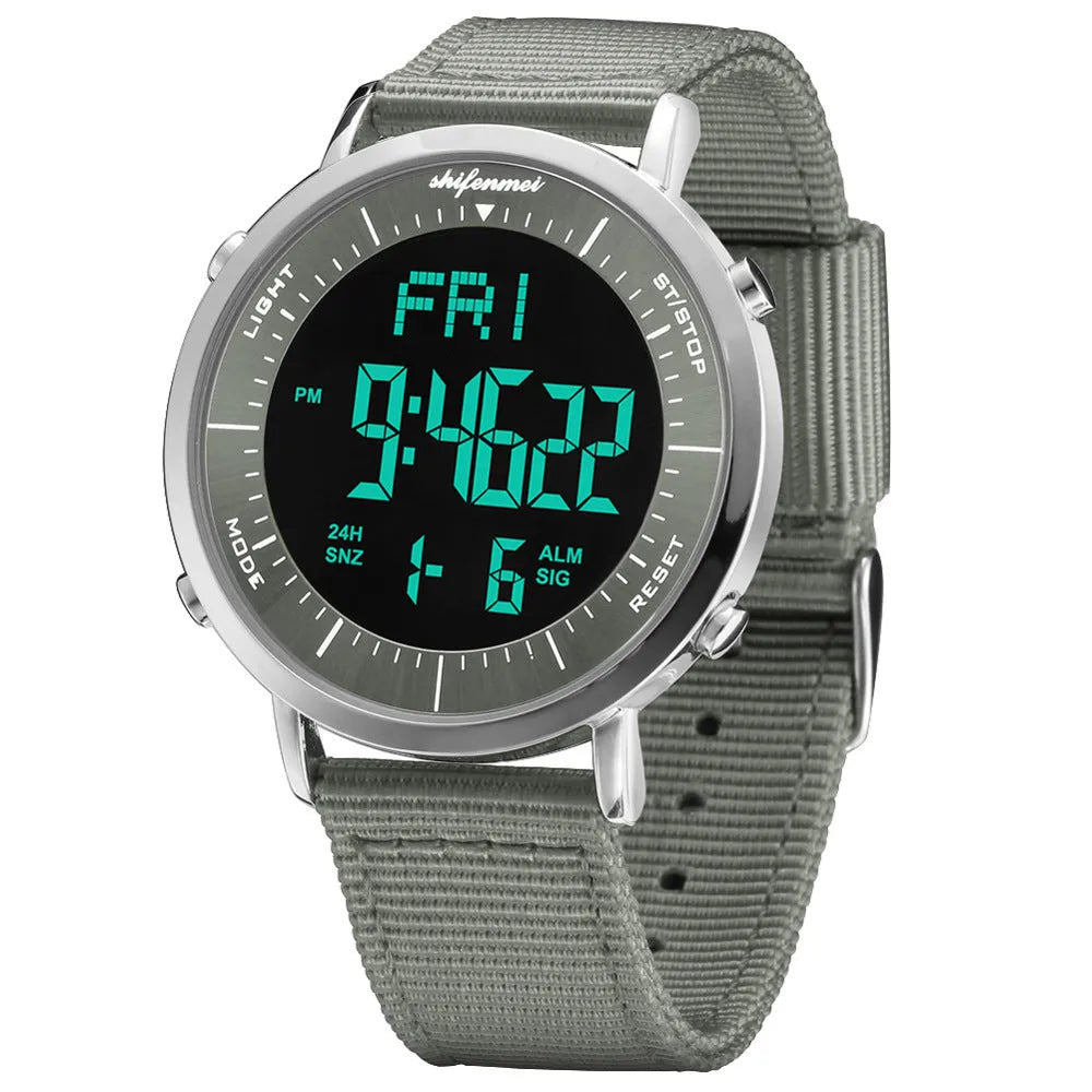 Shifenmei digital sports watch with black display showing time, waterproof to 10 metres