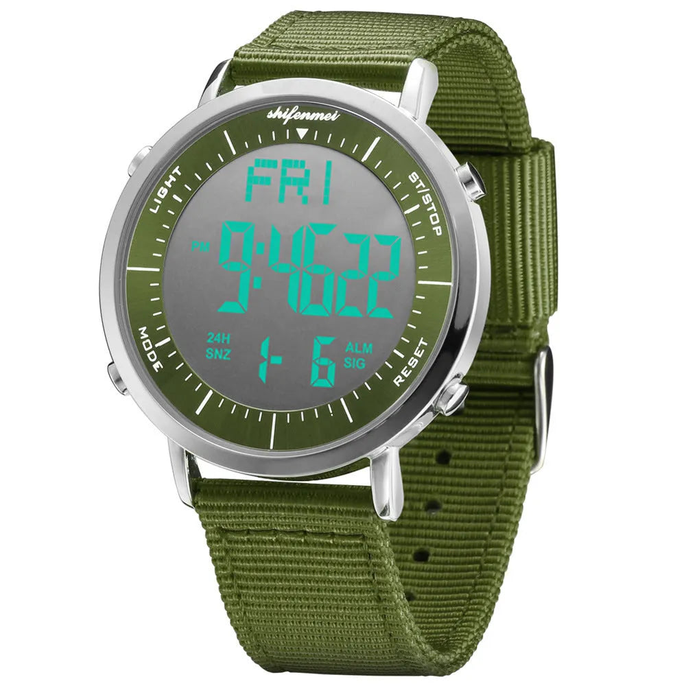 Shifenmei digital sports watch with black display showing time, waterproof to 10 metres