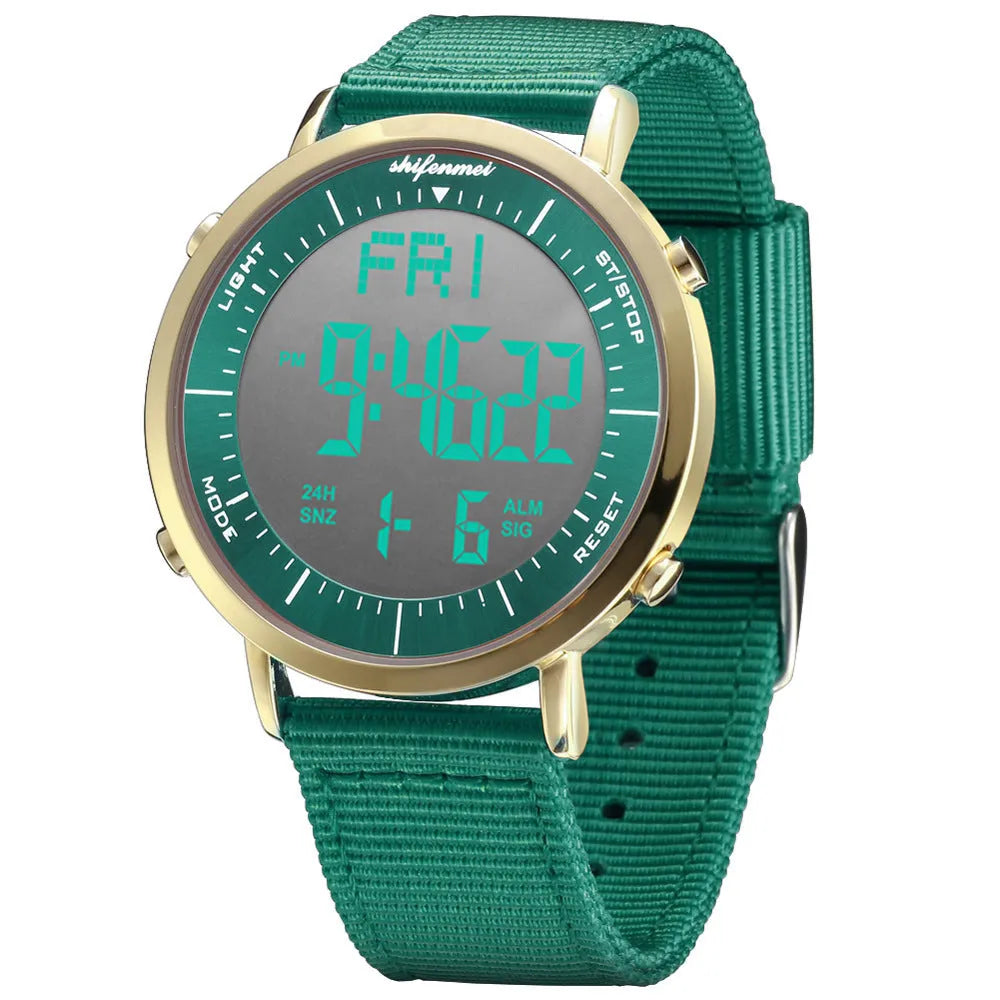 Shifenmei digital sports watch with black display showing time, waterproof to 10 metres