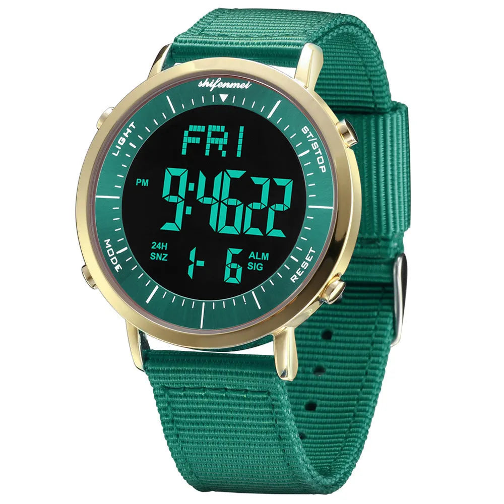 Shifenmei digital sports watch with black display showing time, waterproof to 10 metres
