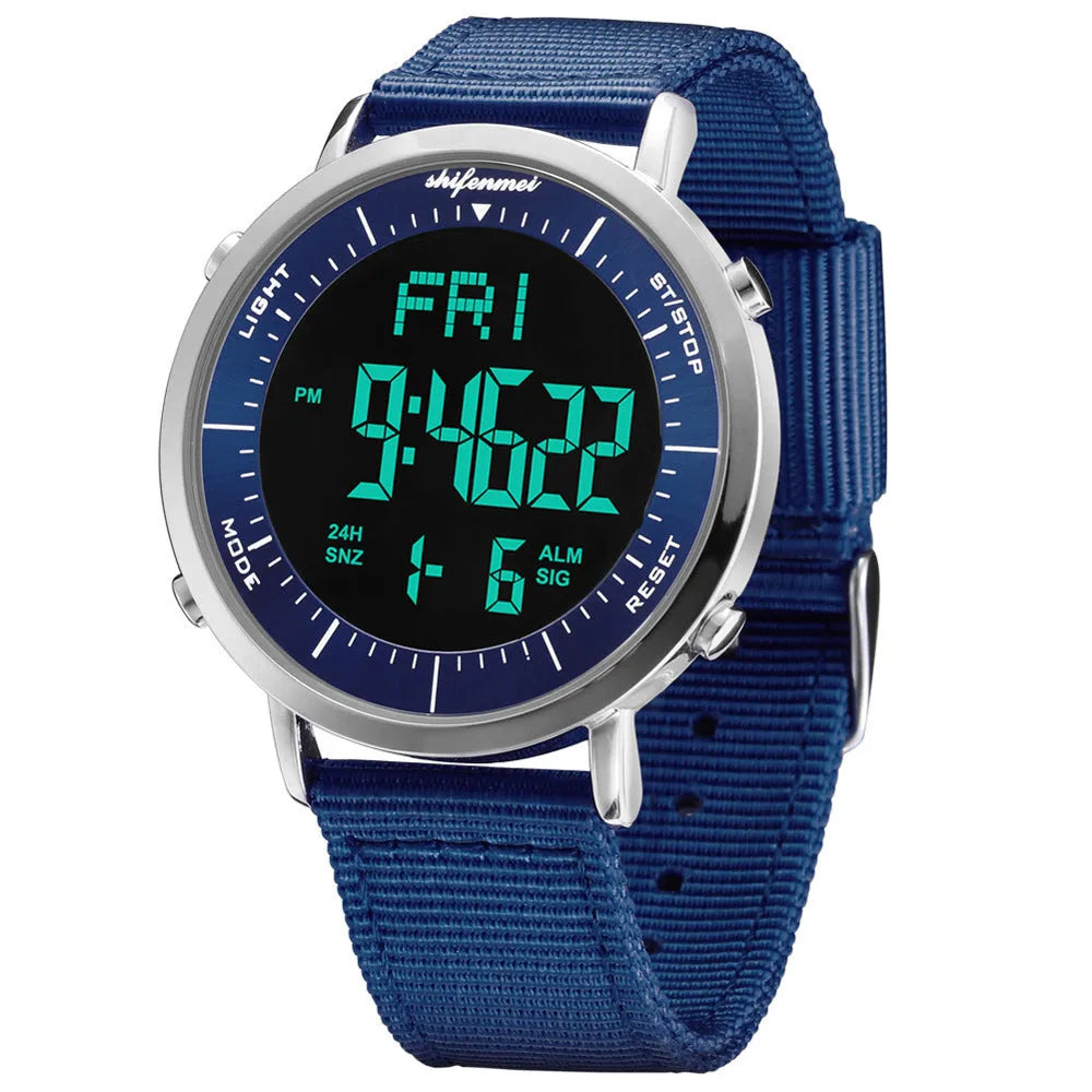 Shifenmei digital sports watch with black display showing time, waterproof to 10 metres
