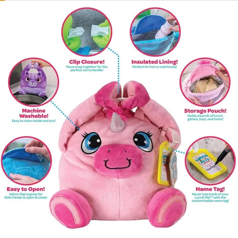 Portable children plush lunch bag with thermal insulation, green blue pink purple colours, on a white background
