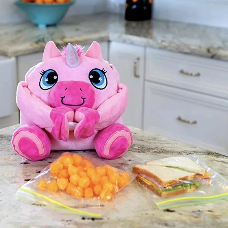 Portable children plush lunch bag with thermal insulation, green blue pink purple colours, on a white background