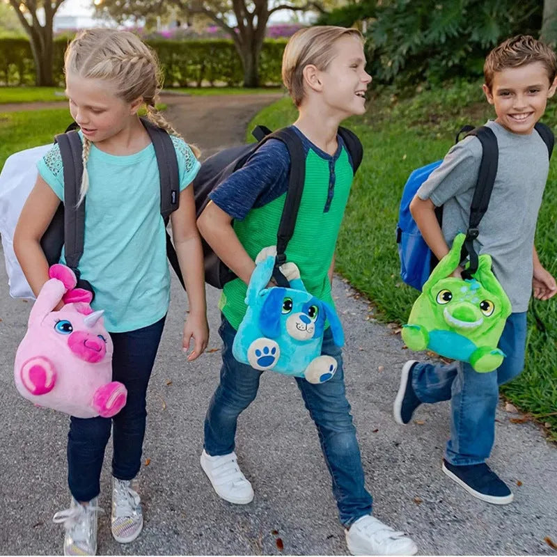 Portable children plush lunch bag with thermal insulation, green blue pink purple colours, on a white background