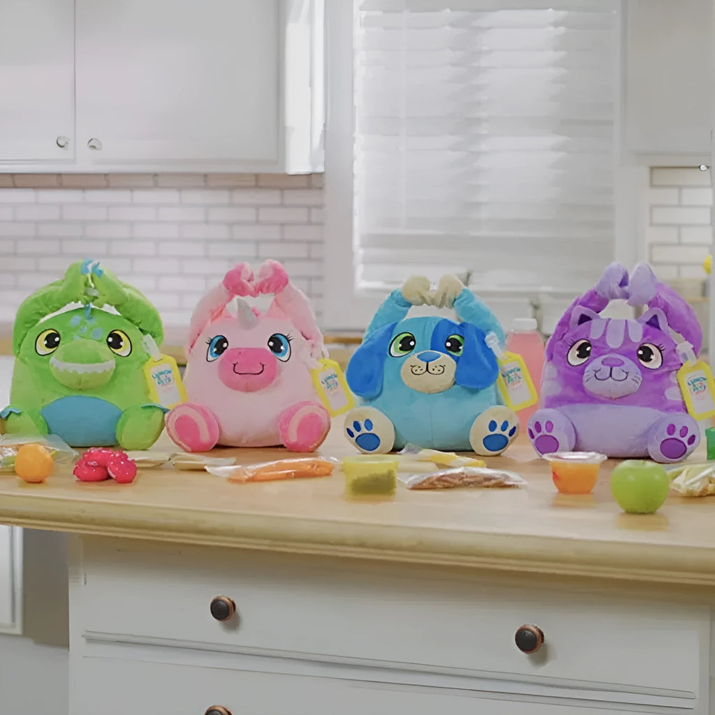 Portable children plush lunch bag with thermal insulation, green blue pink purple colours, on a white background