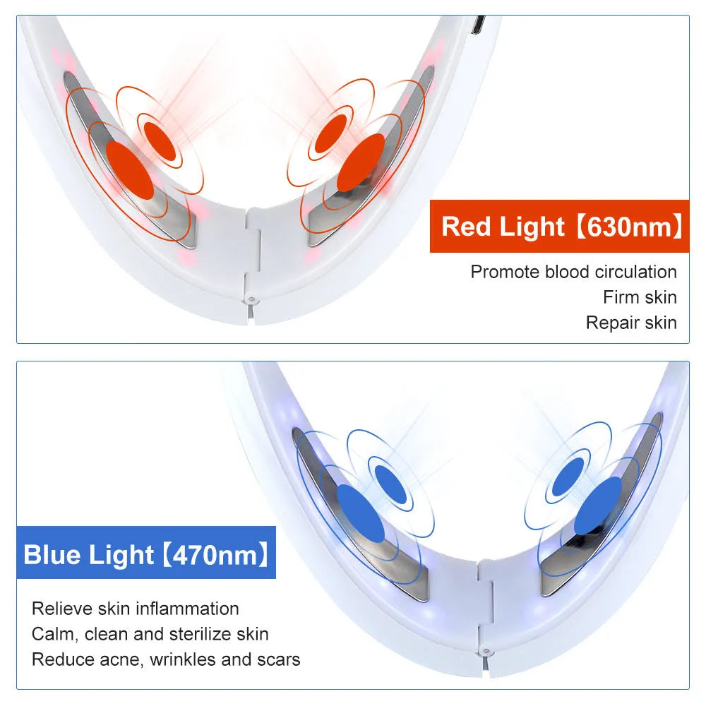 White multifunctional facial lifting instrument with red and blue light therapy and vibration modes on a flat surface