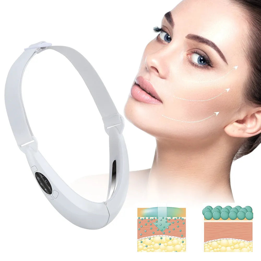 White multifunctional facial lifting instrument with red and blue light therapy and vibration modes on a flat surface