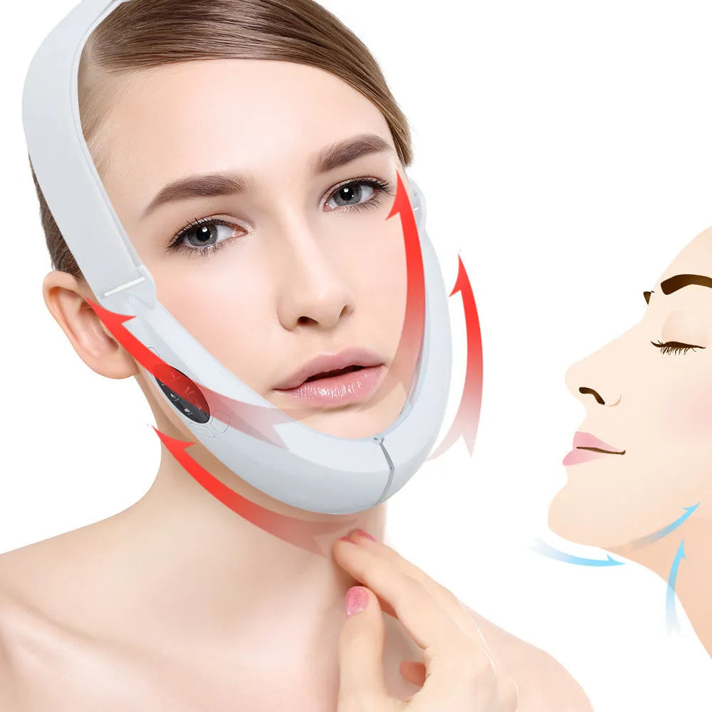 White multifunctional facial lifting instrument with red and blue light therapy and vibration modes on a flat surface