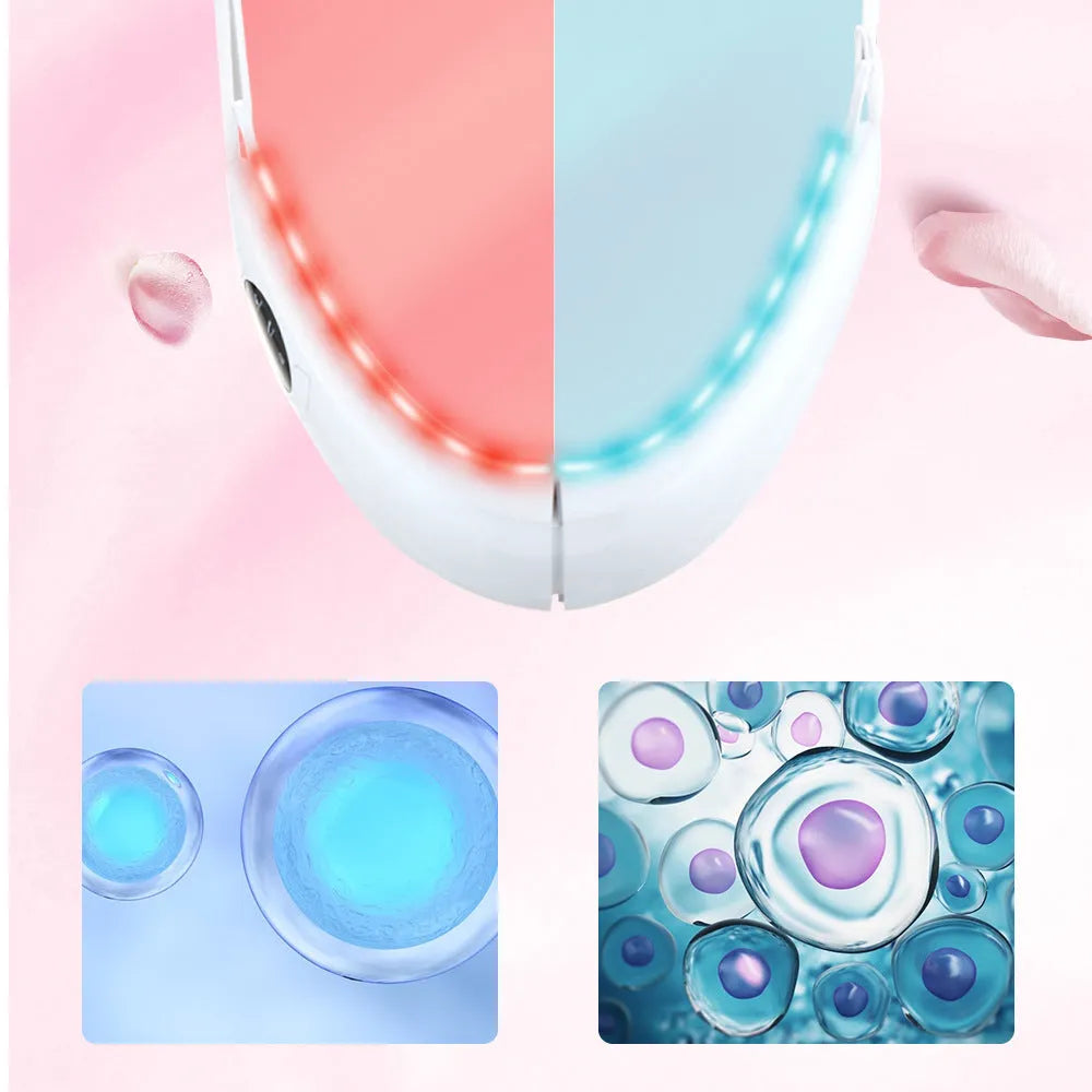 White multifunctional facial lifting instrument with red and blue light therapy and vibration modes on a flat surface