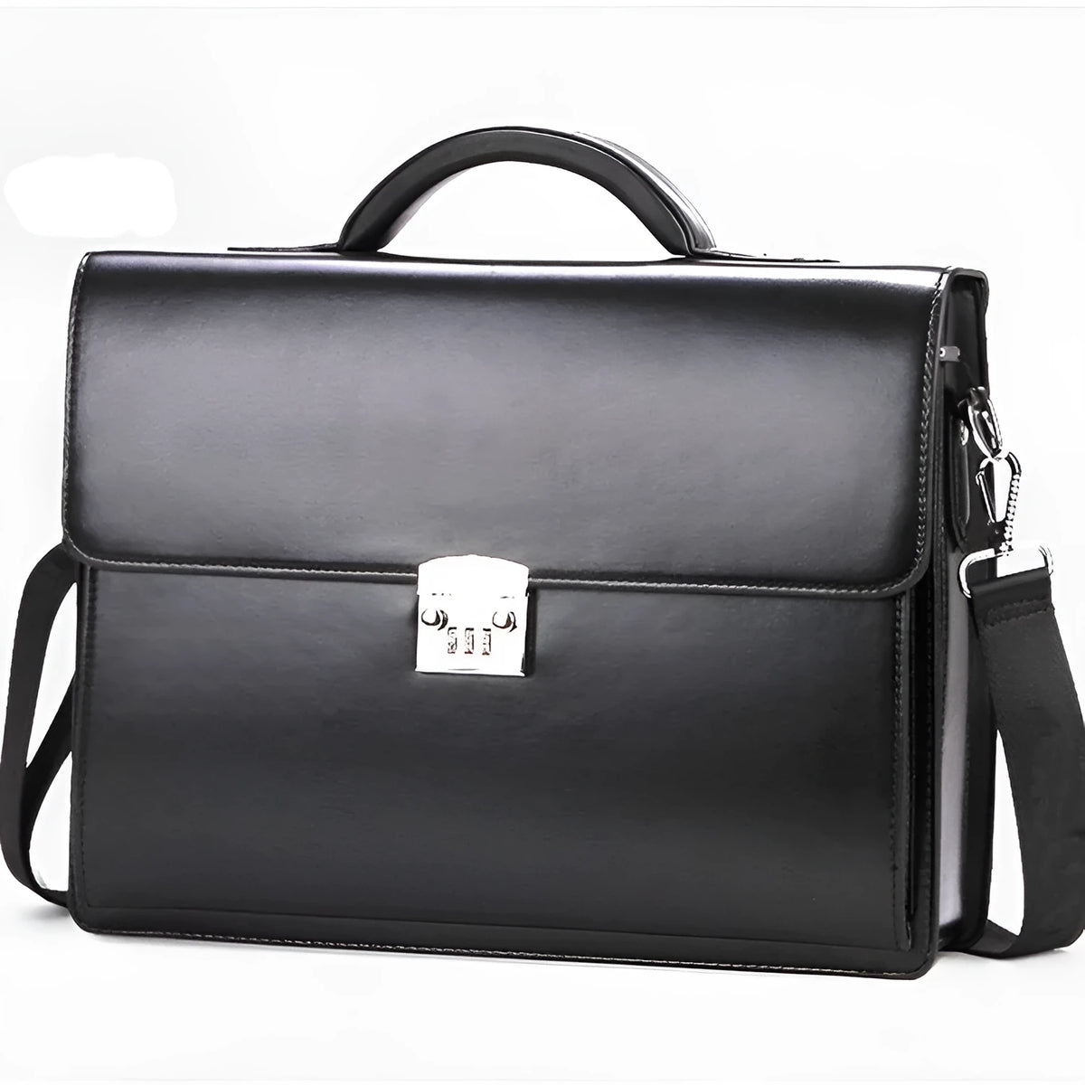 Men's PU leather business briefcase in black with zipper closure and single handle, 38x10x18cm
