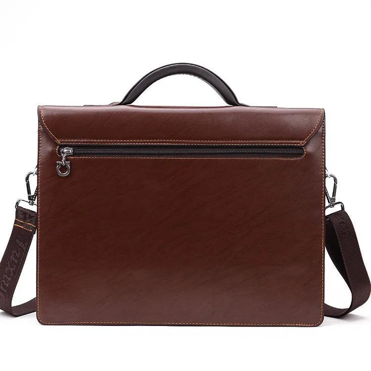 Men's PU leather business briefcase in black with zipper closure and single handle, 38x10x18cm