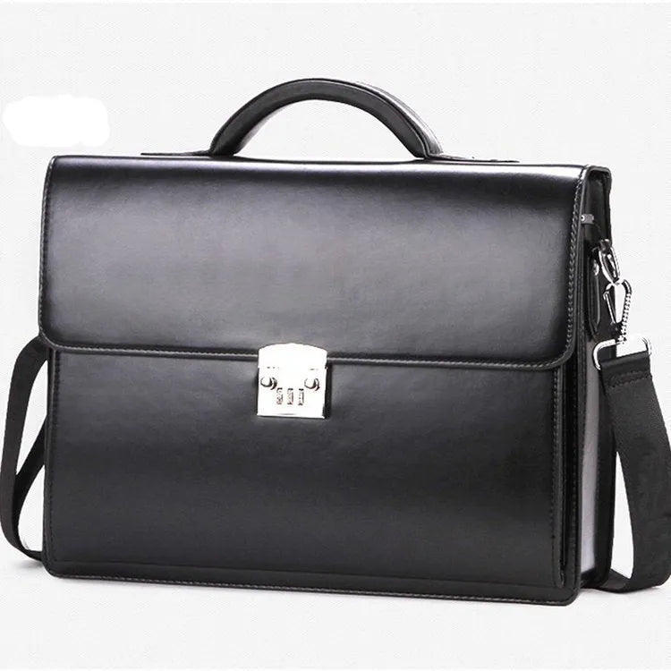 Men's PU leather business briefcase in black with zipper closure and single handle, 38x10x18cm