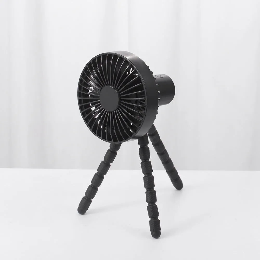 Black USB desktop fan with flexible octopus tripod legs and adjustable bending head