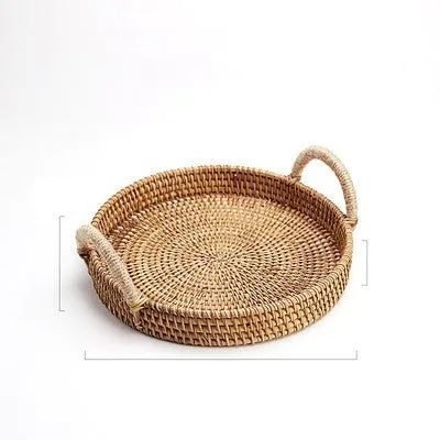 Round handwoven rattan storage basket with wooden handle in three size options