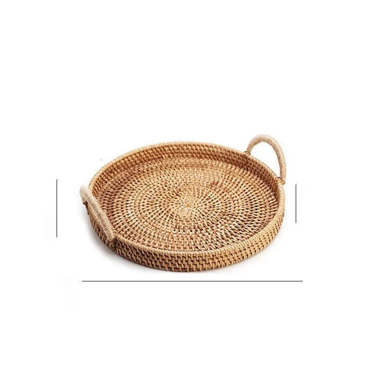 Round handwoven rattan storage basket with wooden handle in three size options
