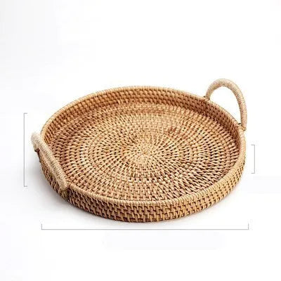 Round handwoven rattan storage basket with wooden handle in three size options