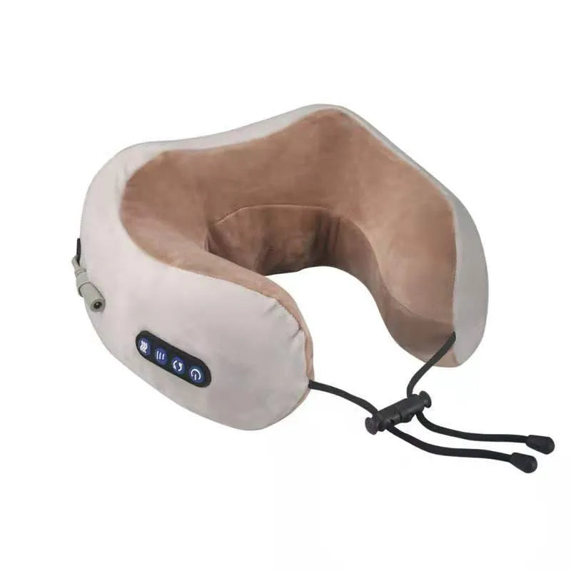 Brown U-shaped electric neck massage pillow with heat function and USB charging port