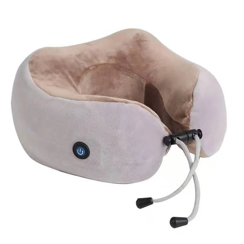 Brown U-shaped electric neck massage pillow with heat function and USB charging port